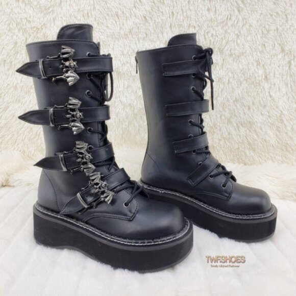 Goth Platform Combat Boots Bat Buckle Straps Emily 322 - Picture 5 of 13